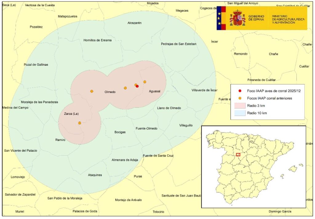 Localización del 12º brote de IAAP en aves de corral del 15 octubre 2025 en granja de 315.000 gallinas ponedoras (punto rojo) , en la provincia de Valladolid, detectado en la zona de vigilancia de los anteriores focos.